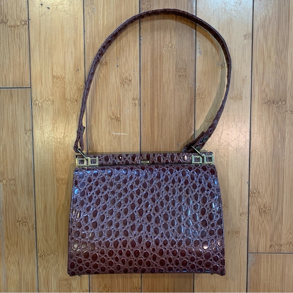 Vintage Lennox Moc Croc Purse Textured Leather Pocketbook Shoulderbag Brown Gold